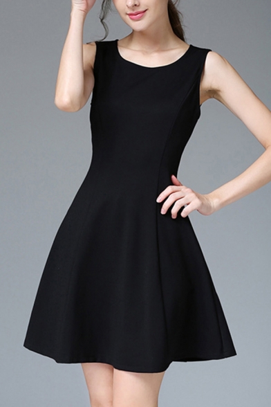 Girls Elegant Dress Solid Color Sleeveless Round Neck Short A-line Tank Dress in Black