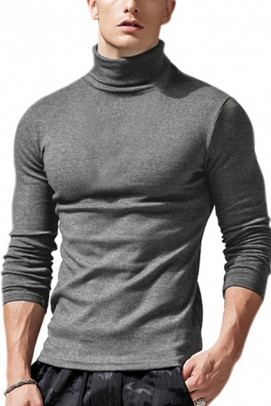 Guys Basic T Shirt Solid Color Long Sleeve Turtleneck Slim Fitted T