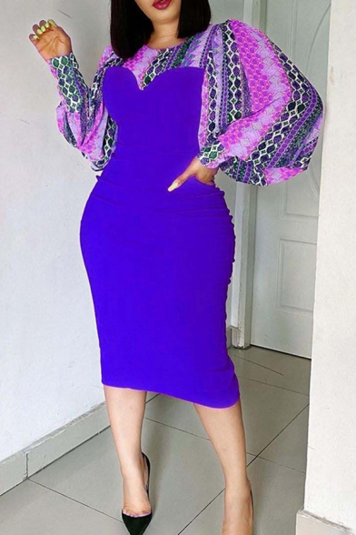 Ladies African Dress Snake Print Patched Blouson Sleeve Crew Neck Mid Tight Dress