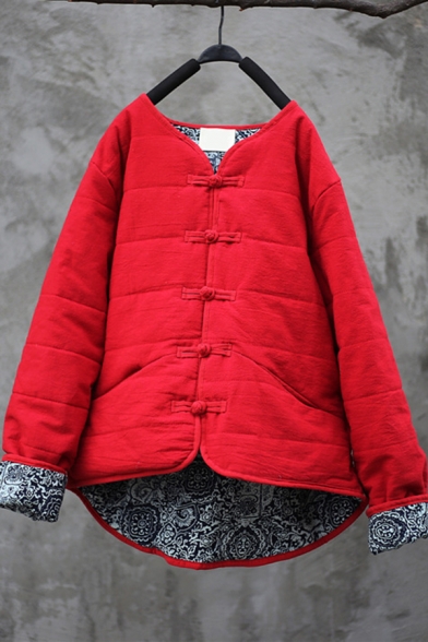 Leisure Girls Coat Plain Quilted Long Sleeve V-neck Frog Button Up High Low Hem Relaxed Fit Coat
