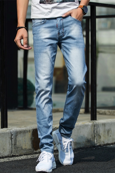 Men's Basic Fashion Light Blue Denim Washed Slim Fit Trendy Ripped Jeans