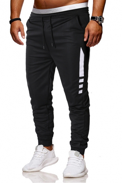 Men's Fashion Patched Drawcord Waist Fitted Black Sport Pants