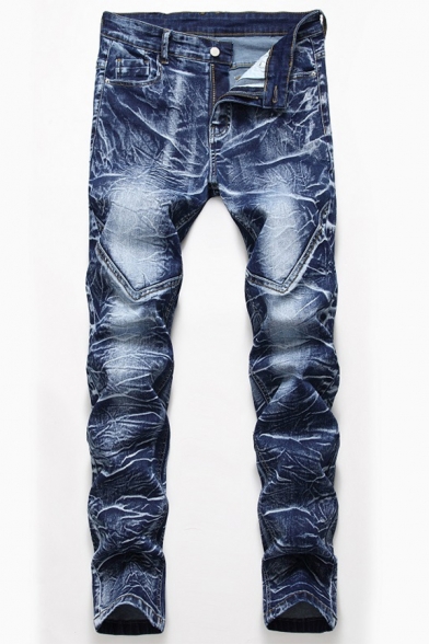 Men's New Stylish Snow Washed Knee Pleated Dark Blue Ripped Biker Jeans