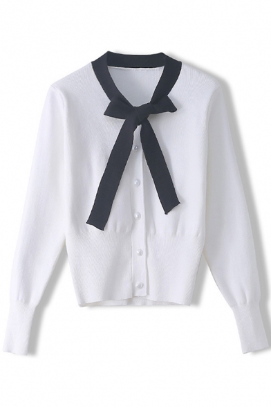 Pretty Ladies Cardigan Pearl Button Contrasted Bow-tied Neck Long Sleeve Regular Knit Cardigan