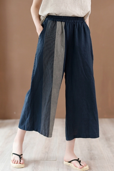 Simple Girls Pants Linen and Cotton Elastic Waist Contrasted Ankle Wide-leg Pants