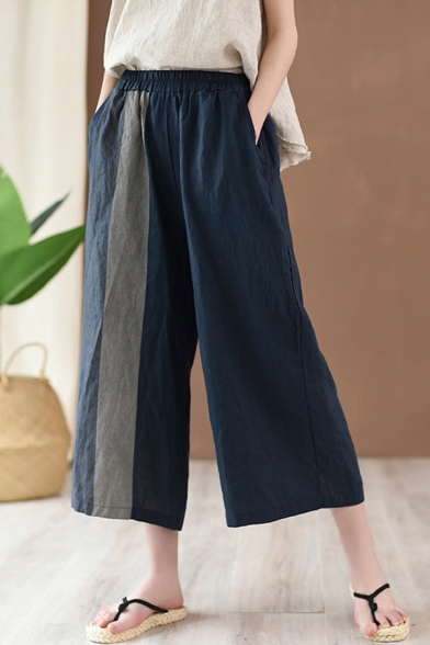 Simple Girls Pants Linen and Cotton Elastic Waist Contrasted Ankle Wide-leg Pants