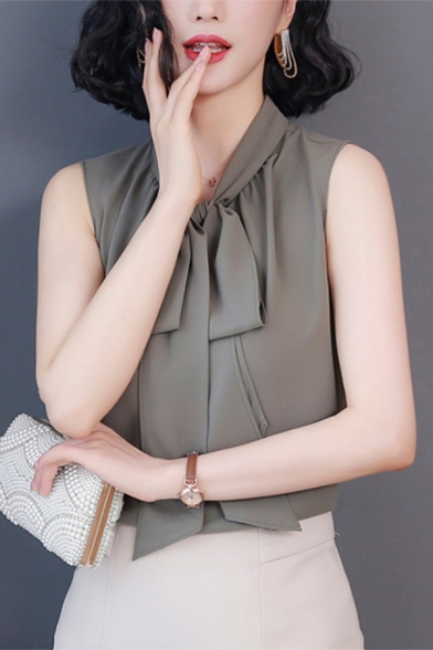 Simple Womens Solid Color Bow Tie Neck Sleeveless Silk Relaxed Fit Blouse Top