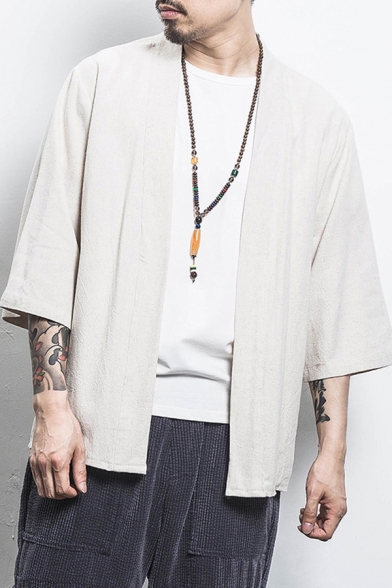 Stylish Men's Jacket Solid Color Open Front Half Sleeve Regular Fitted Kimonos Jacket