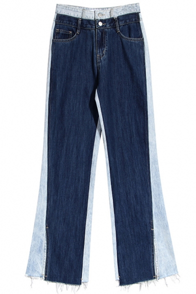 Stylish Womens Jeans Patched High Waist Long Length Wide-leg Jeans in Blue