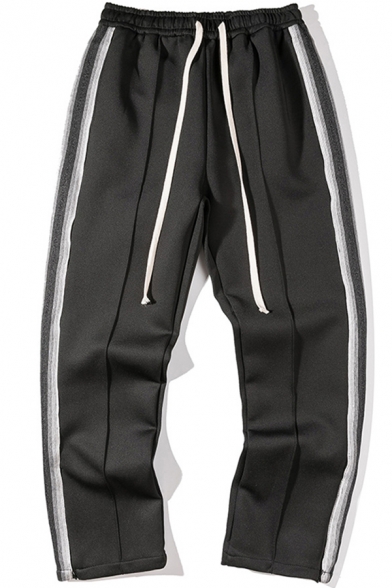 Trendy Men's Pants Contrast Stripe Panel Drawstring Elastic Slant Pocket Waist Long Straight Pants
