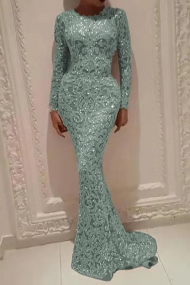 Trendy Womens Dress See-through Mesh Sequins Decoration Long Sleeve Crew Neck Maxi Fishtail Dress