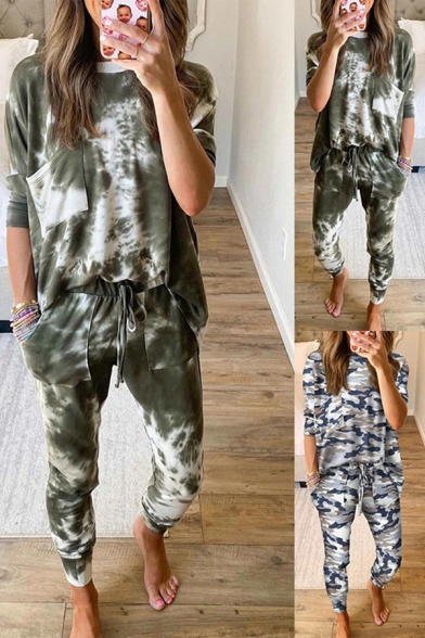 Unique Women's Set Tie Dye Camo Pattern Chest Pocket Contrast Trim Round Neck Long Sleeve Regular Fitted Tee Top with Long Pants Co-ords