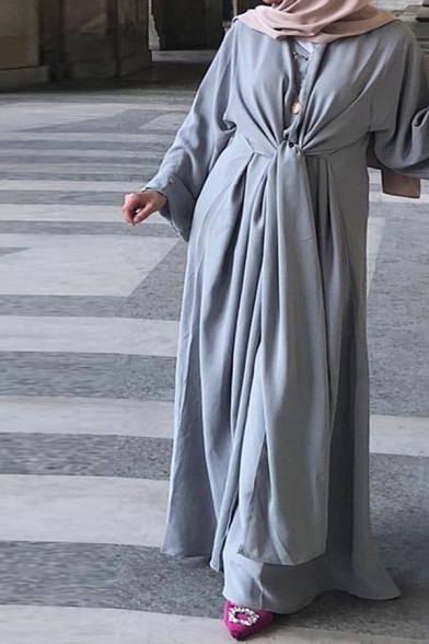 Womens Dress Traditional Plain Color Double High Slit Self-Tie Long Sleeve Round Neck Loose Maxi Dubai Robe