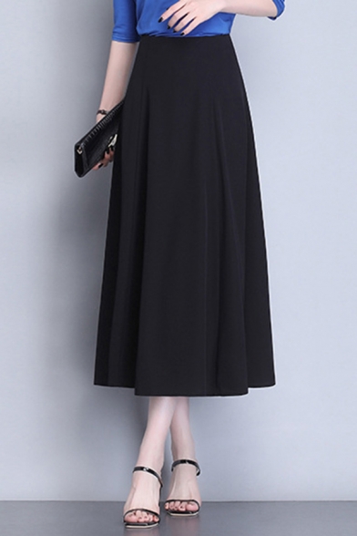 Womens Elegant Skirt Solid Color High Rise Mid A-line Skirt in Black