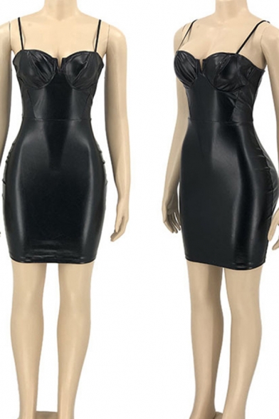 Womens Leather Dress Stylish Plain Zippered Spaghetti Strap Mini Skinny Fitted Bodycon Dress