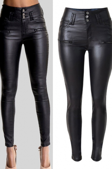 Womens Pants Stylish PU Leather Ankle Length Three-Button High Waist Slim Pencil Pants
