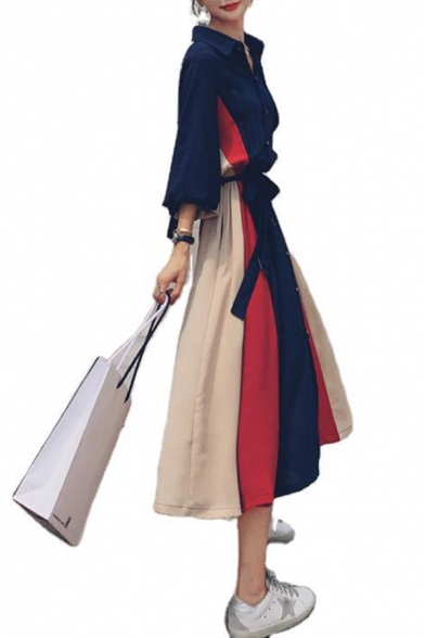 Basic Women's Shirt Dress Contrast Panel Color Block Button-down Spread Collar Long Sleeve Waistband Maxi Shirt Dress