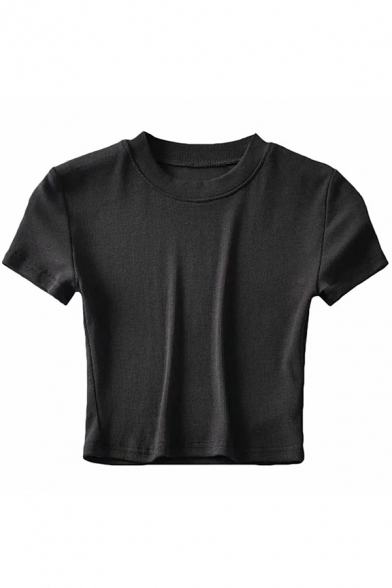Basic Women's Tee Top Solid Color Round Neck Short Sleeve Slim Fitted Bottoming T-Shirt