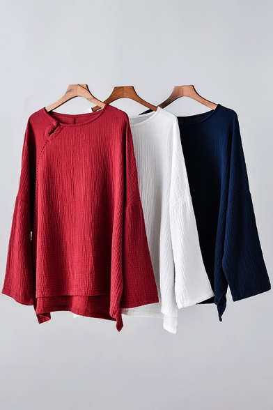 Basic Womens T Shirt Linen and Cotton Plain Long Sleeve Round Neck Cut Out Relaxed Fit Tee Top