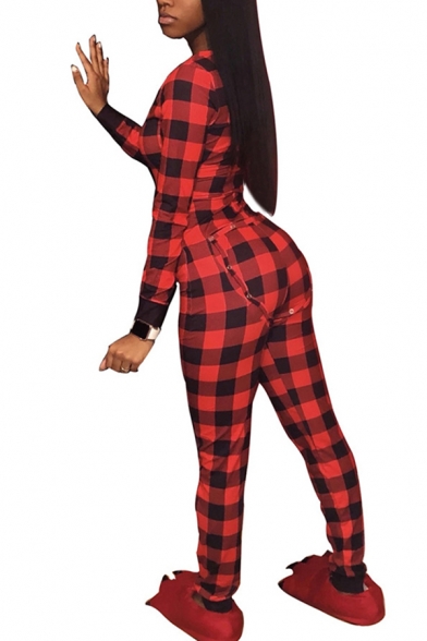 perfect-kim Skillful 2019 Women Casual Plaid Stripe Long Jumpsuit Pencil Pant Long Sleeve High Collar Slim Fit Romper with Belt Chic in fine Style None L Dark Blue Red Stripes-Y 142-1
