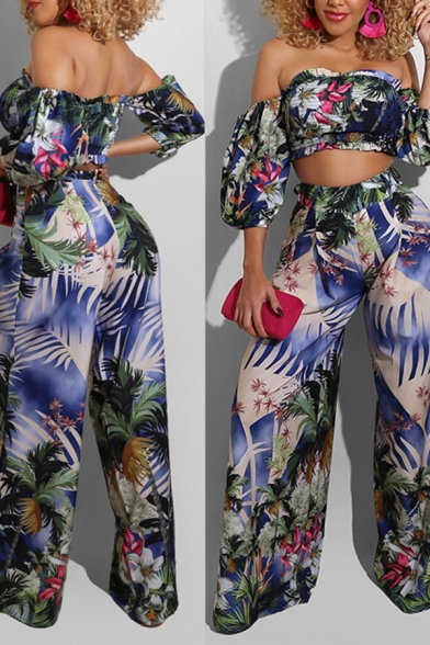Chic Two Pieces Set Leaf Flower Printed Off the Shoulder Short Sleeve Cropped Tee High-rise Full Length Wide Leg Pants Fitted Two Pieces Set for Women