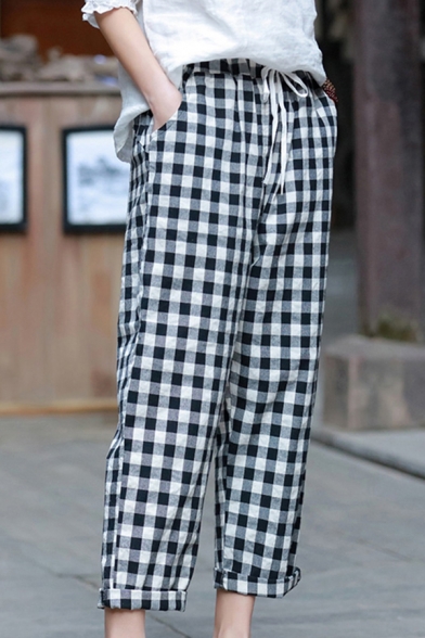 Classic Womens Pants Checkered Print Drawstring Waist Ankle Length Relaxed Pants