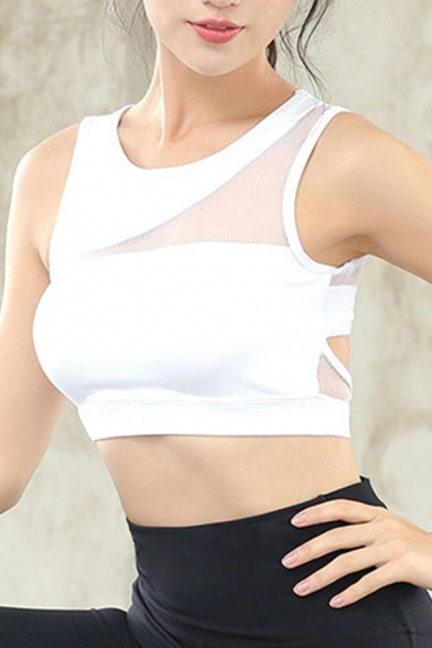 Classic Womens Tank Top Mesh Patchwork Quick Dry Shake-Proof Beauty Back Cropped Sleeveless Round Neck Slim Fitted Yoga Bra