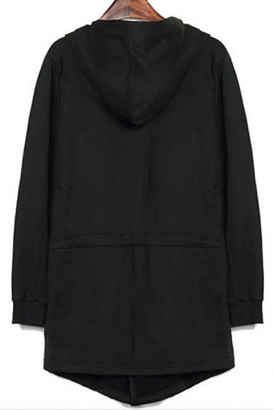 Cool Mens Coat Black Long Sleeve Hoodeed Irregular Hem Zipper Front Long Relaxed Fit Coat
