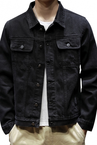 Cool Mens Jacket Solid Color Long Sleeve Spread Collar Button Up Flap Pockets Relaxed Denim Jacket in Black