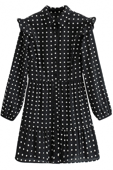 Cute Girls Dress Polka Dot Print Long Sleeve Turn Down Collar Ruffled Short A-line Shirt Dress in Black