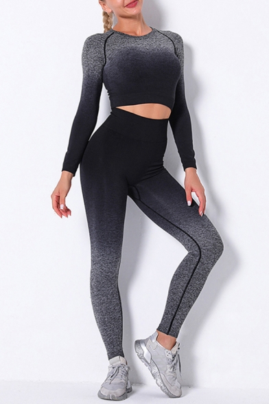 Elevated Women's Training Co-ords Ombre Print Crew Neck Long Sleeve Slim Fitted T-Shirt with High Rise Ankle Length Skinny Leggings Active Set