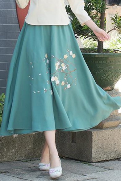 Ethnic Womens Skirt Linen Flower Embroidery Elastic Waist Mid A-line Skirt