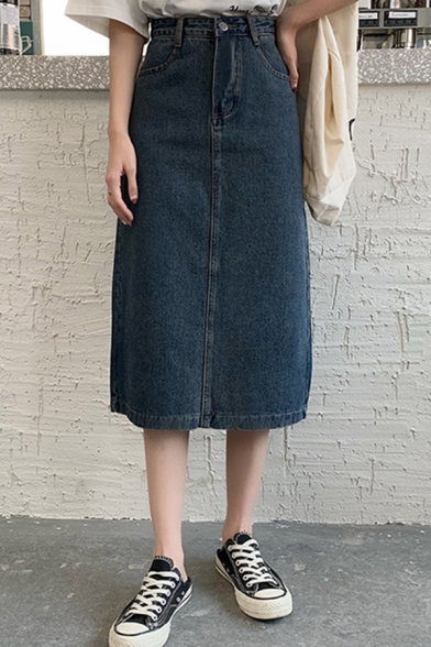Fancy Women's Denim Skirt Faded Wash Zip Fly High Rise Slant Pocket Midi Straight Denim Skirt