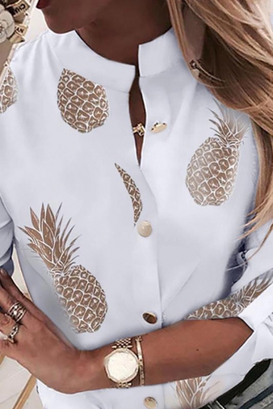 Fancy Women's Shirt Blouse Pineapple Pattern Button Fly Stand Collar Long Sleeve Regular Fitted Shirt Blouse