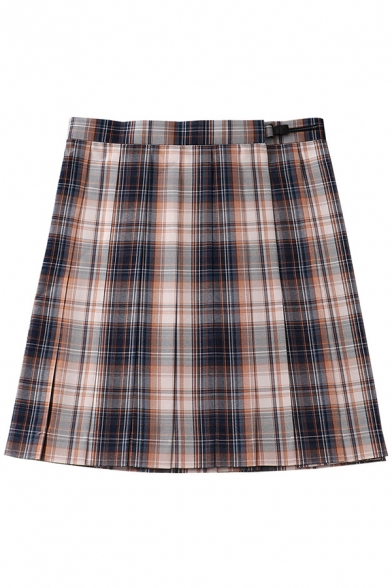 Fancy Women's Skirt Plaid Pattern High Waist Regular Fitted A-Line Mini Skirt