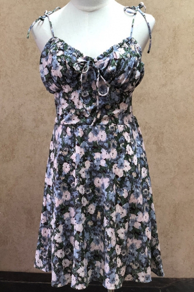 Fancy Womens Dress Ditsy Floral Printed Tied Shoulder Short A-line Cami Dress