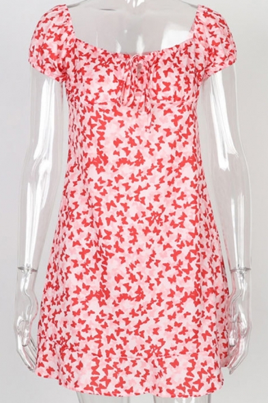 Girls Cute Dress Ditsy Floral Printed Short Sleeve Square Neck Tied Front Short A-line Dress