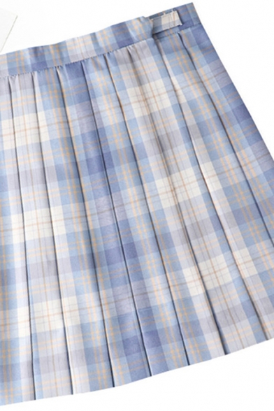 Leisure Women's Skirt Plaid Pattern Pleated Detailed High Rise Invisible Zip Mini Skirt
