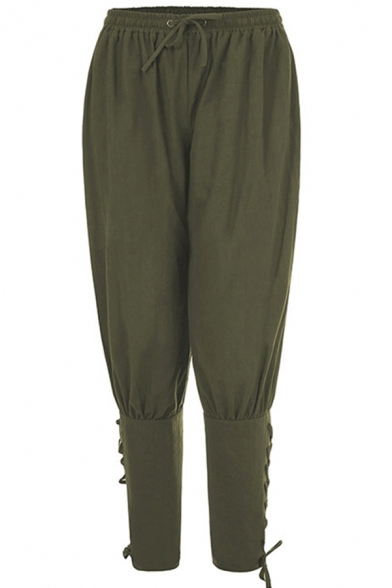 Mens Casual Lounge Pants Solid Color Cotton Linen Drawstring Pleated Lace up Oversize Ankle Length Pants