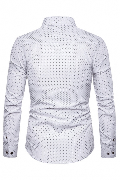 Mens Leisure Polka Dot Printed Long Sleeve Single Breasted White Daily Shirt