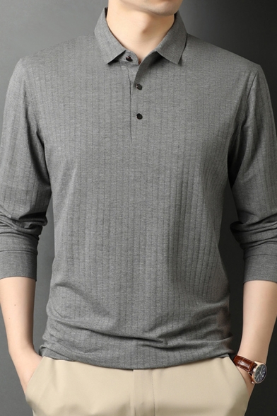 Mens Polo Shirt Casual Solid Color Button Detail Turn-down Collar Slim Fit Long Sleeve Bottoming T-Shirt