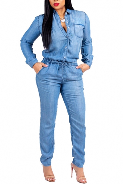 Novelty Womens Jumpsuit Denim Drawstring Waist Single Breasted Long Sleeve Turn down Collar Slim Fitted Pencil Jumpsuit
