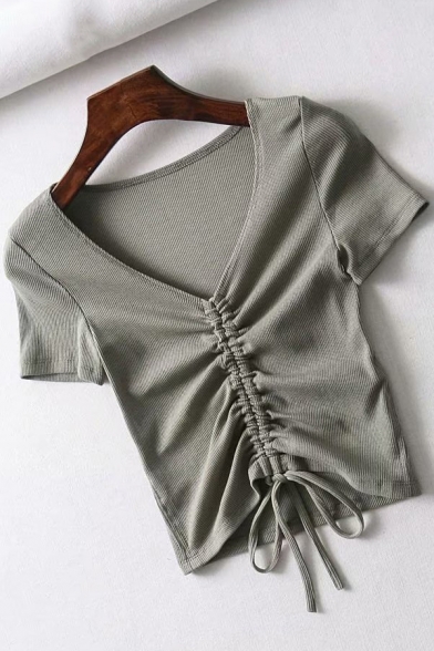 Sexy Ladies T Shirt Solid Color Short Sleeve V-neck Drawstring Slim Fit Crop T Shirt
