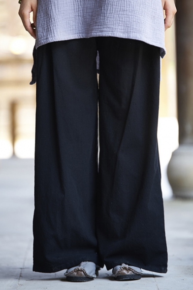 Simple Womens Pants Linen and Cotton Mid Rise Solid Color Long Length Wide-leg Pants