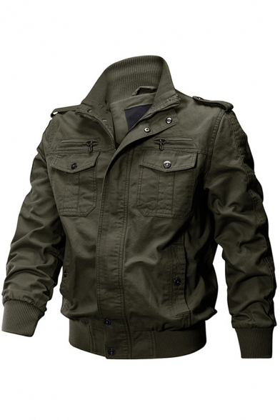 Trendy Mens Jacket Plain Color Epaulets Flap Chest Pockets Full-Zipper Long Sleeve Stand Collar Slim Fit Work Jacket