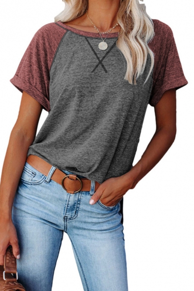 Trendy Women's Tee Top Heathered Contrast Panel Round Neck Rolled up Hem Short Sleeve Regular Fitted T-Short