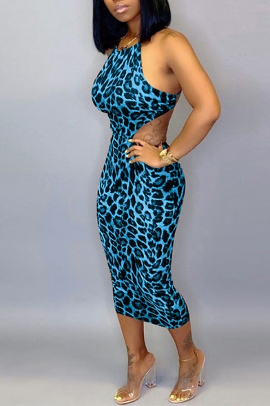Womens Dress Creative Leopard Skin Print Cut out Cross Backless Spaghetti Strap Sleeveless Midi Bodycon Dress