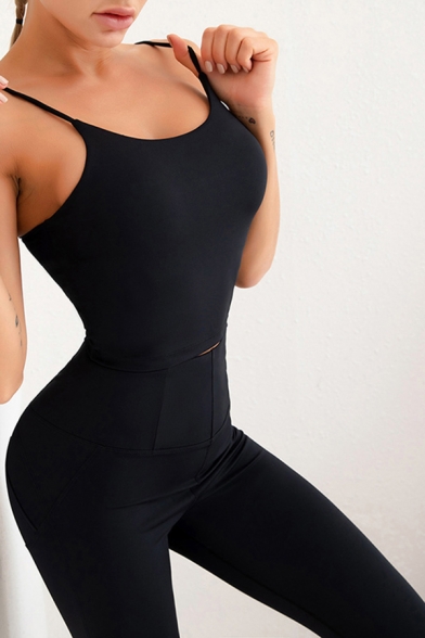 Womens Yoga Co-ords Athletic Solid Color Spaghetti Strap Sleeveless Cami Bra Butt Lifting Skinny Fit High Waist Leggings Set