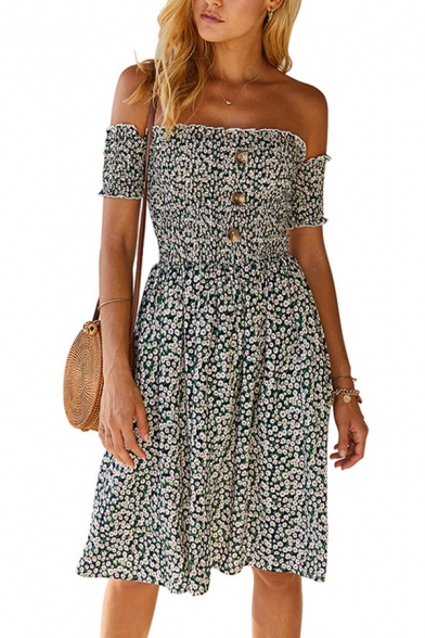 Basic Dress Creative Ditsy Floral Print Shirred Button Decoration Short Sleeve Midi off the Shoulder A-Line Dress