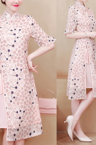 Chic Womens Dress Ditsy Floral Pattern Split Design A-Line Half Ruffle Sleeve Mandarin Collar Slim Knee-Length Modified Cheongsam Dress
